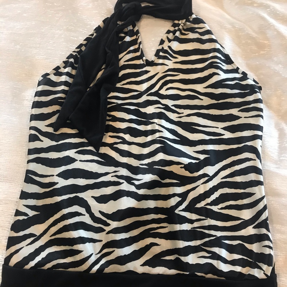 Zebra print silky halter with black wrap neck tie